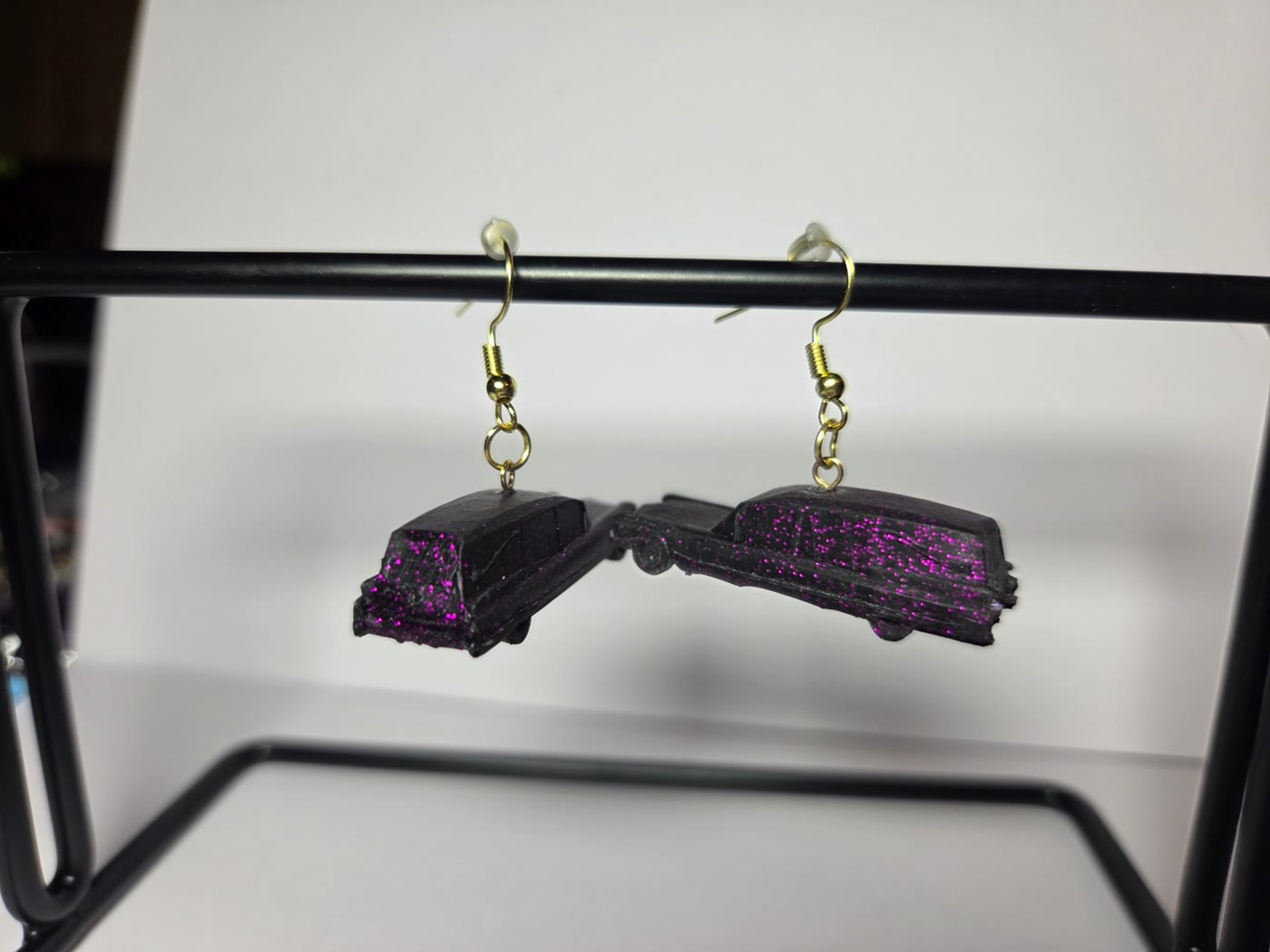 Purple glitter hearse earrings