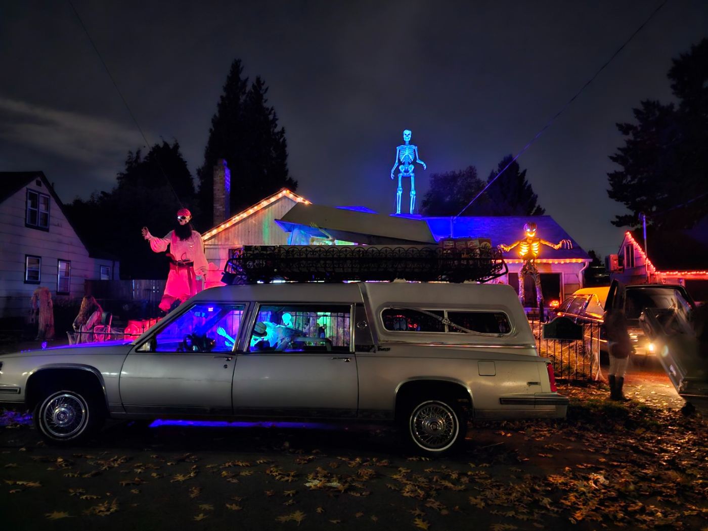 Glowing rooftop skeletons